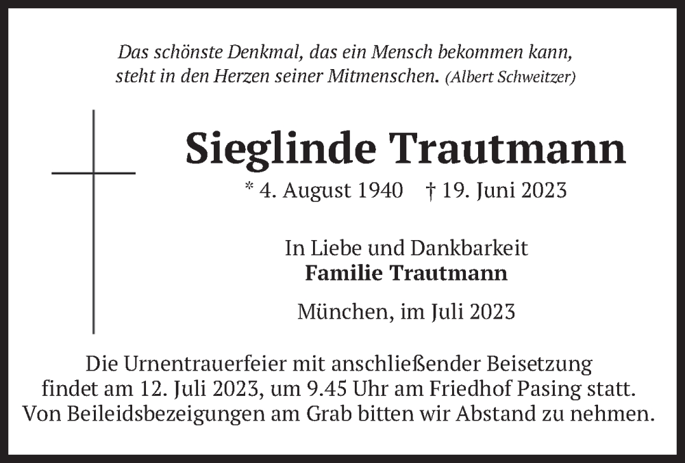 Traueranzeigen Von Sieglinde Trautmann Trauer Merkur De