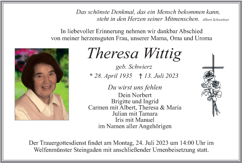 Traueranzeigen Von Theresa Wittig Trauer Merkur De