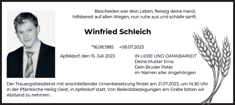 Traueranzeigen Von Winfried Schleich Trauer Merkur De