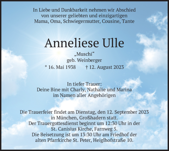 Traueranzeigen Von Anneliese Ulle Trauer Merkur De