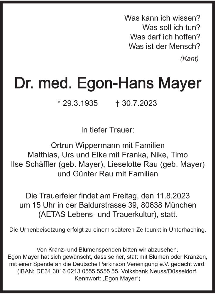 Traueranzeigen Von Egon Hans Mayer Trauer Merkur De