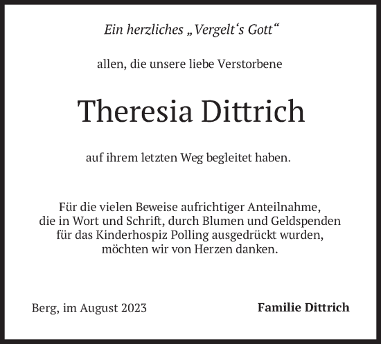 Traueranzeigen Von Theresia Dittrich Trauer Merkur De