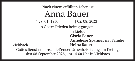 Traueranzeigen Von Anna Bauer Trauer Merkur De