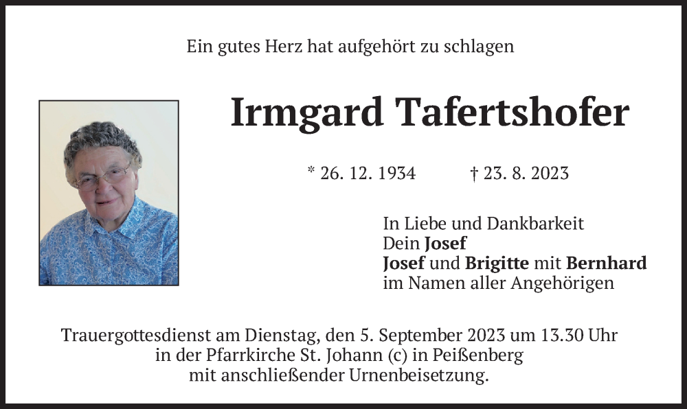 Traueranzeigen Von Irmgard Tafertshofer Trauer Merkur De