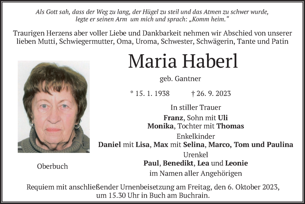 Traueranzeigen Von Maria Haberl Trauer Merkur De