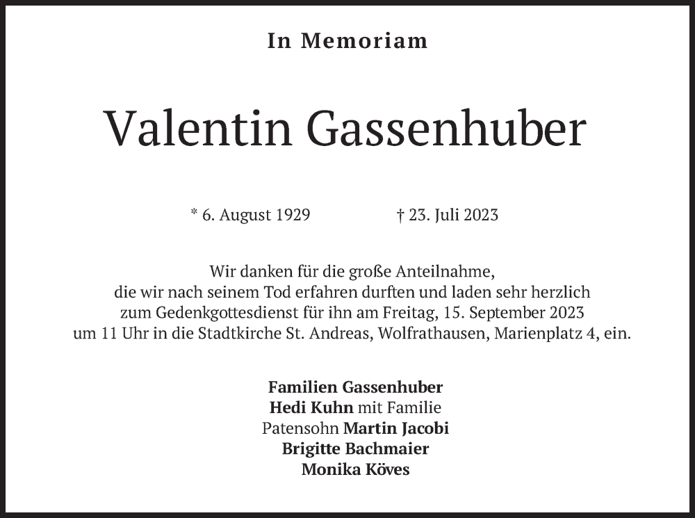 Traueranzeigen Von Valentin Gassenhuber Trauer Merkur De