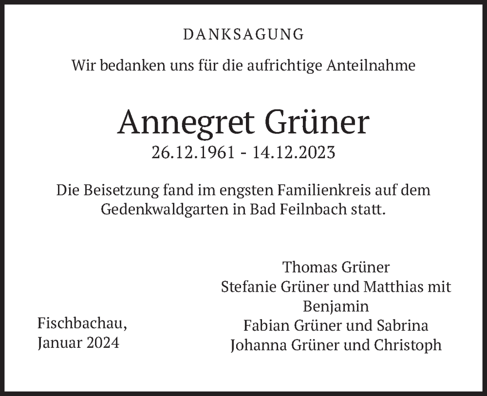 Traueranzeigen Von Annegret Gr Ner Trauer Merkur De