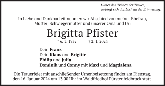 Traueranzeigen Von Brigitta Pfister Trauer Merkur De