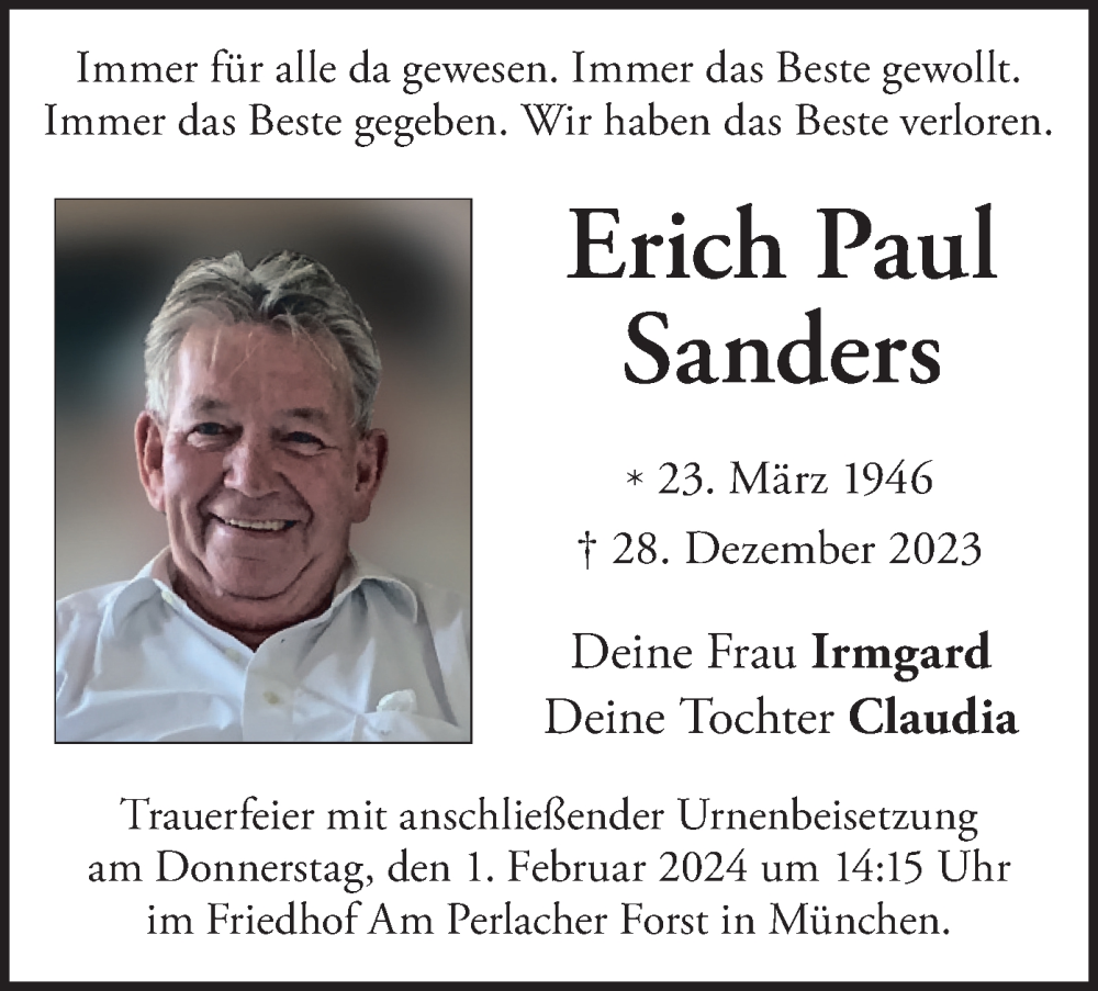 Traueranzeigen Von Erich Paul Sanders Trauer Merkur De