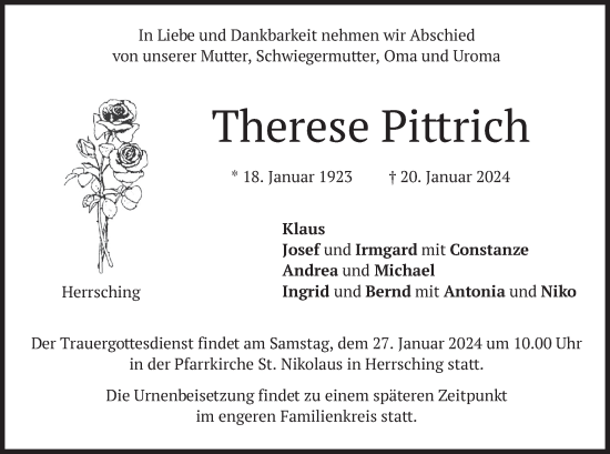 Traueranzeigen Von Therese Pittrich Trauer Merkur De