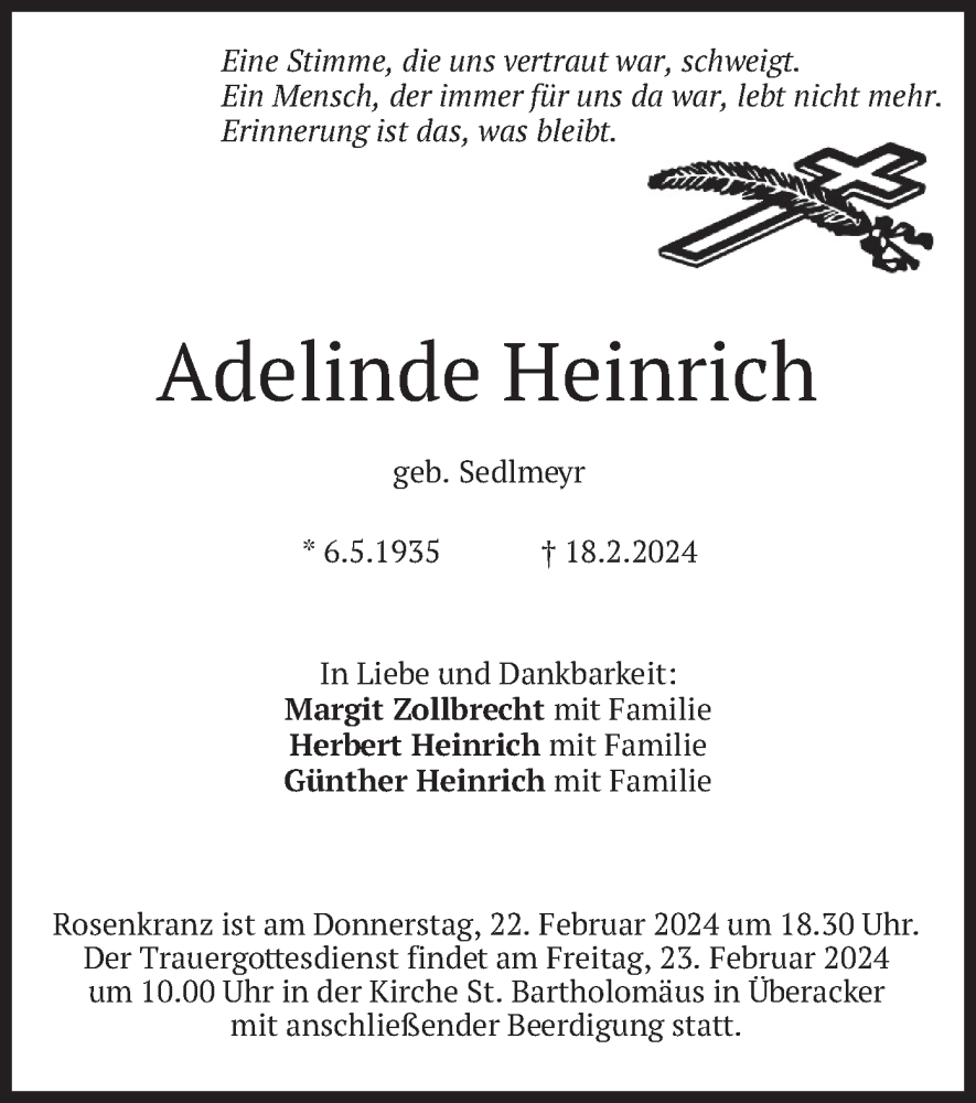 Traueranzeigen Von Adelinde Heinrich Trauer Merkur De