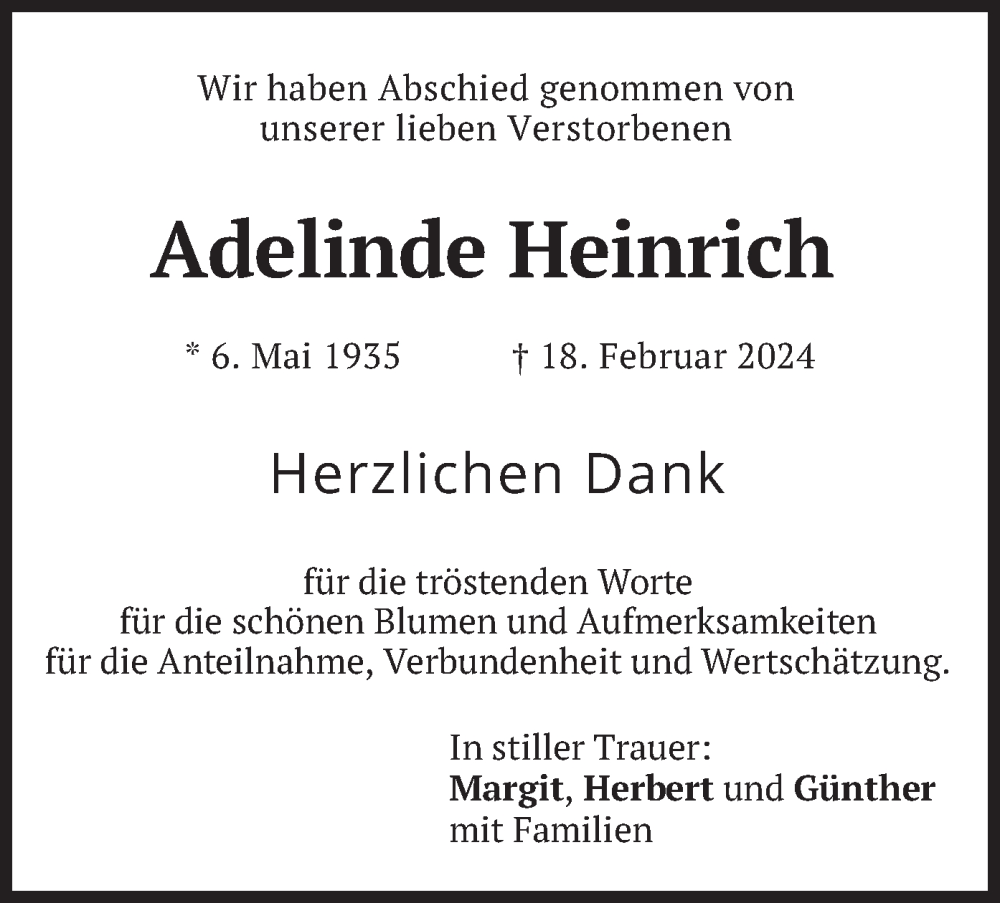 Traueranzeigen Von Adelinde Heinrich Trauer Merkur De