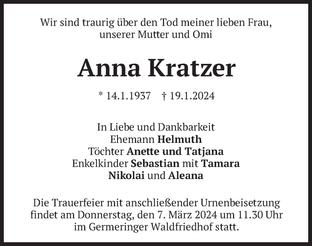 Traueranzeigen Von Anna Kratzer Trauer Merkur De