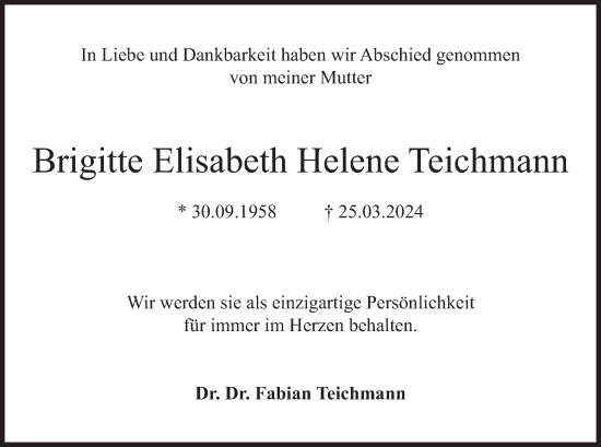 Traueranzeigen Von Brigitte Elisabeth Helene Teichmann Trauer Merkur De