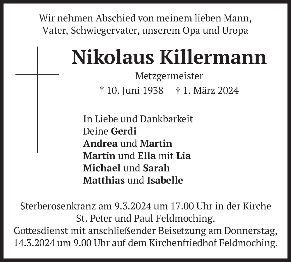 Traueranzeigen Von Nikolaus Killermann Trauer Merkur De