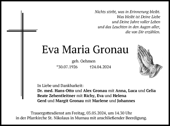 Traueranzeige von Eva Maria Gronau von merkurtz