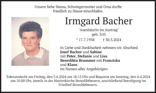 Traueranzeigen Von Irmgard Bacher Trauer Merkur De