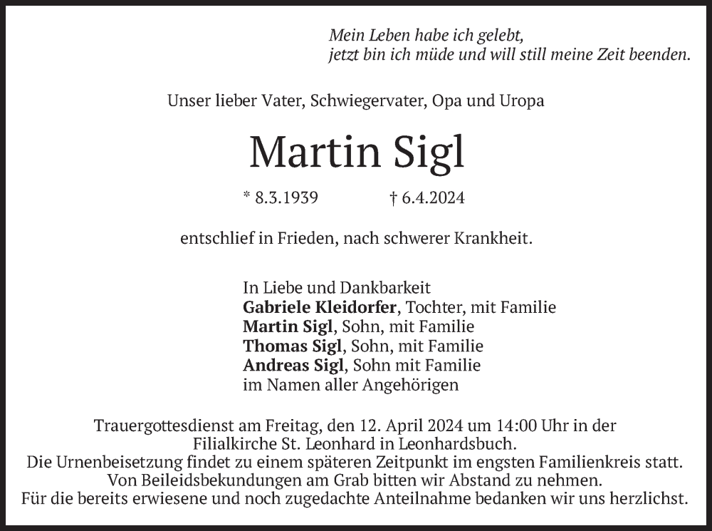 Traueranzeigen Von Martin Sigl Trauer Merkur De