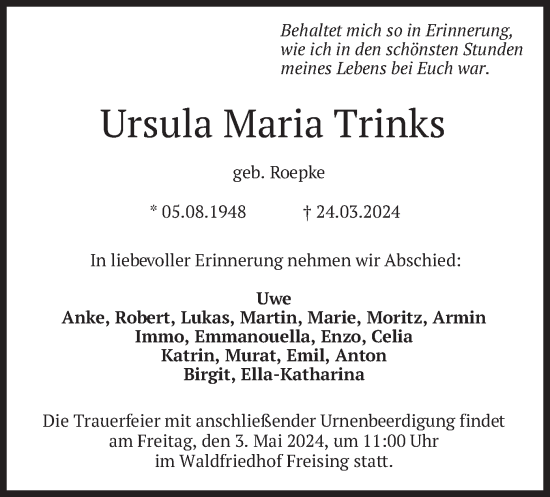 Traueranzeige von Ursula Maria Trinks von merkurtz