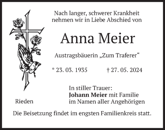 Traueranzeigen Von Anna Meier Trauer Merkur De