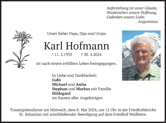 Traueranzeige von Karl Hofmann von merkurtz