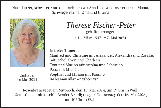 Traueranzeigen Von Therese Fischer Peter Trauer Merkur De