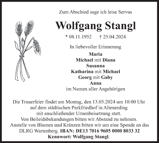 Traueranzeige von Wolfgang Stangl von merkurtz