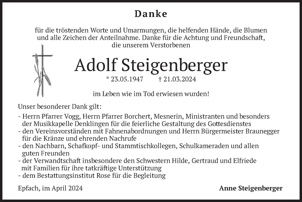 Traueranzeigen Von Adolf Steigenberger Trauer Merkur De