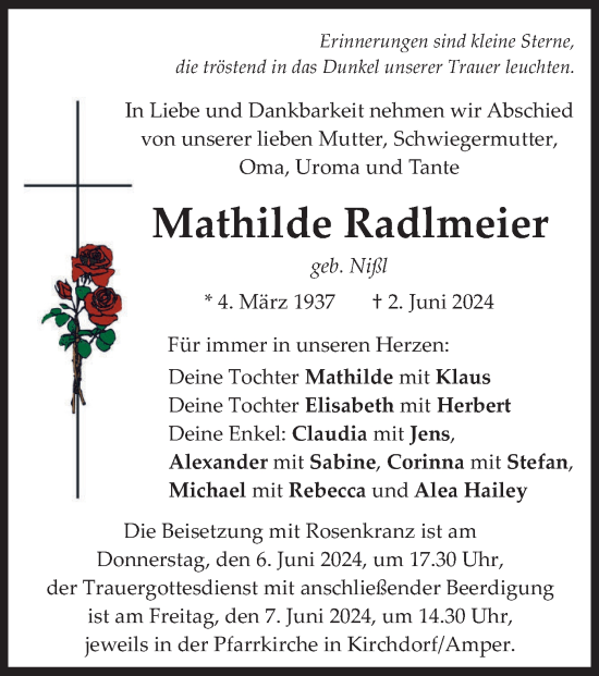 Traueranzeigen Von Mathilde Radlmeier Trauer Merkur De