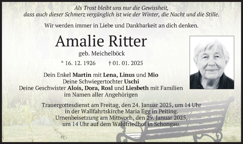 Traueranzeigen Von Amalie Ritter Trauer Merkur De