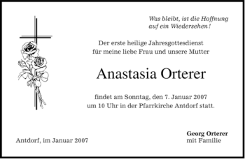 Traueranzeige von Anastasia Orterer von MERKUR & TZ