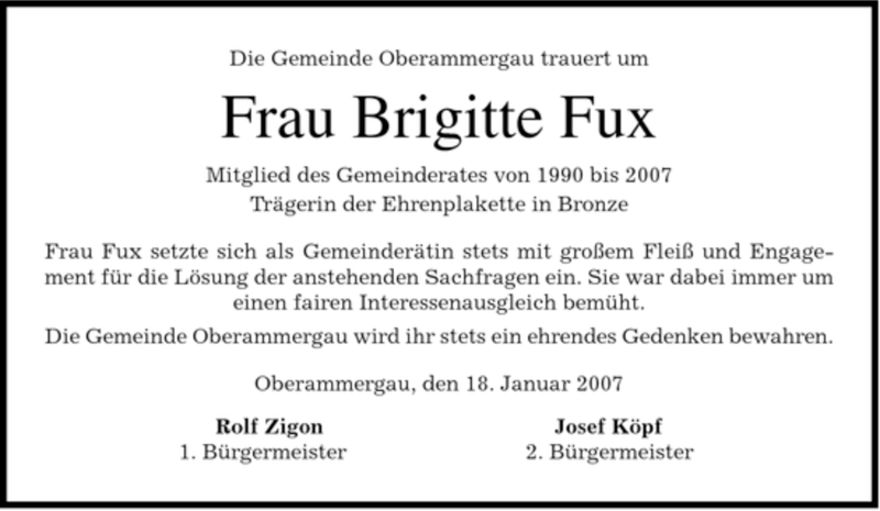  Traueranzeige für Brigitte Fux vom 19.01.2007 aus MERKUR & TZ