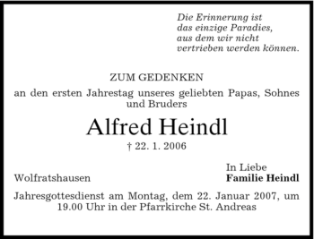 Traueranzeige von Alfred Heindl von MERKUR & TZ