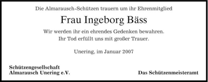  Traueranzeige für Ingeborg Bäss vom 25.01.2007 aus MERKUR & TZ