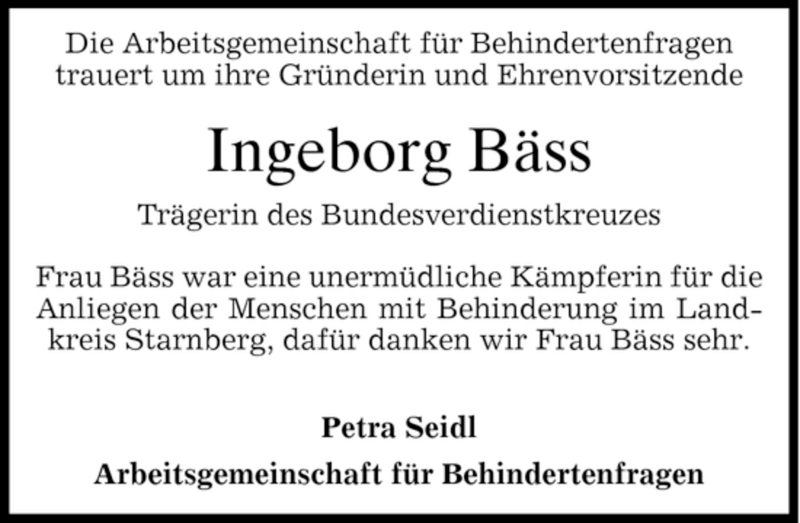  Traueranzeige für Ingeborg Bäss vom 25.01.2007 aus MERKUR & TZ