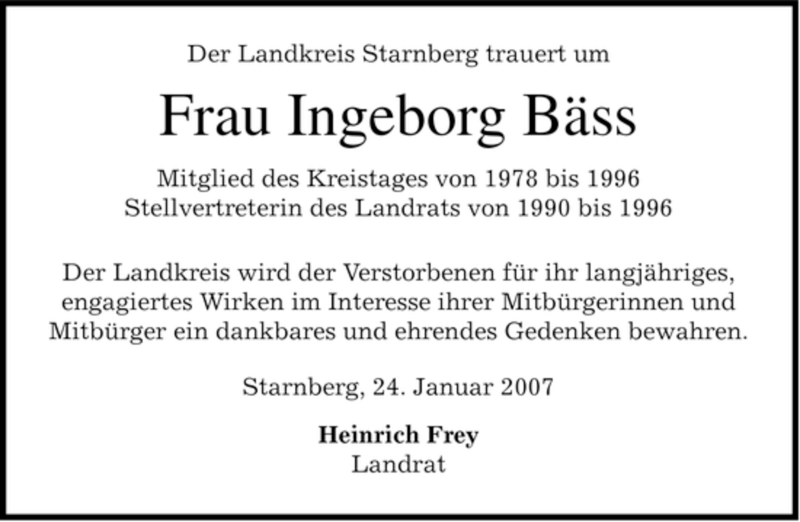  Traueranzeige für Ingeborg Bäss vom 25.01.2007 aus MERKUR & TZ