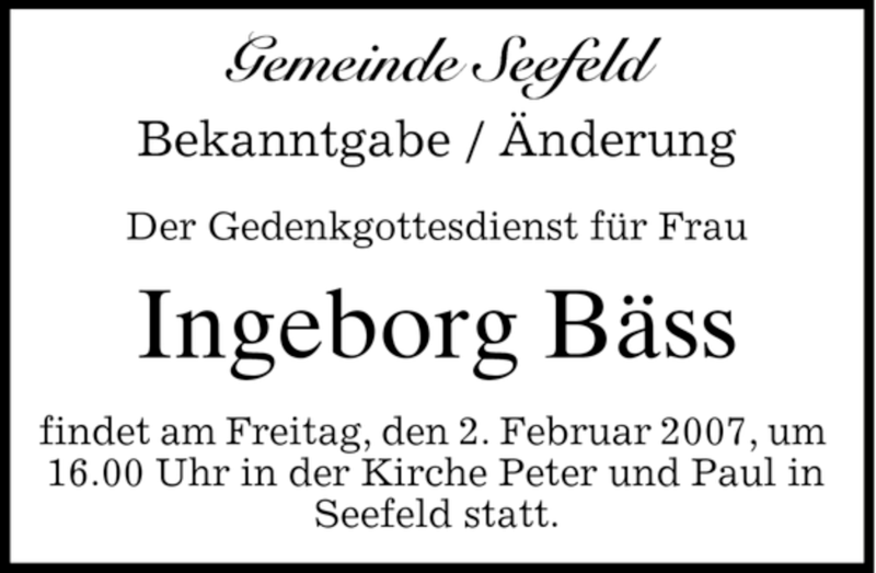  Traueranzeige für Ingeborg Bäss vom 26.01.2007 aus MERKUR & TZ