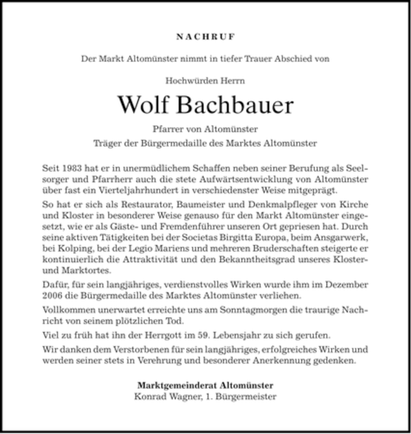  Traueranzeige für Wolf Bachbauer vom 29.01.2007 aus MERKUR & TZ