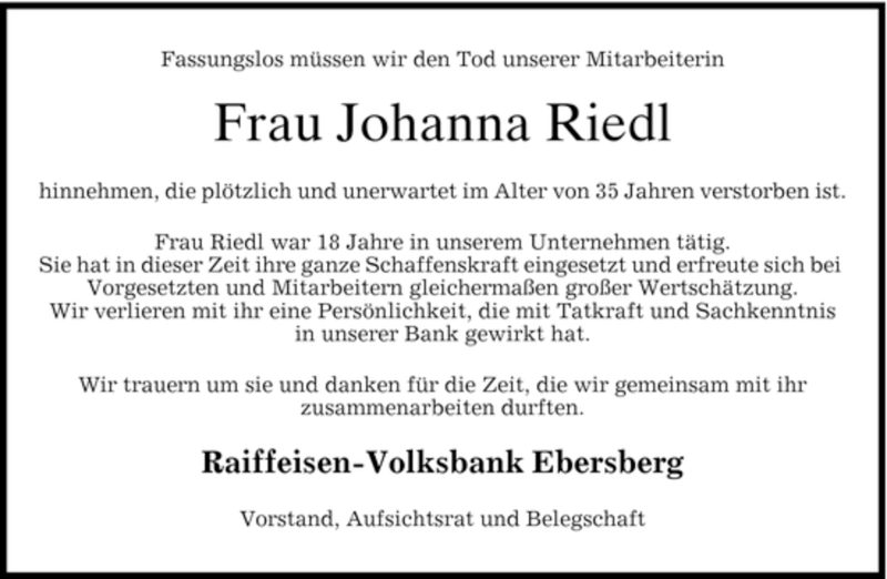  Traueranzeige für Johanna Riedl vom 08.02.2007 aus MERKUR & TZ