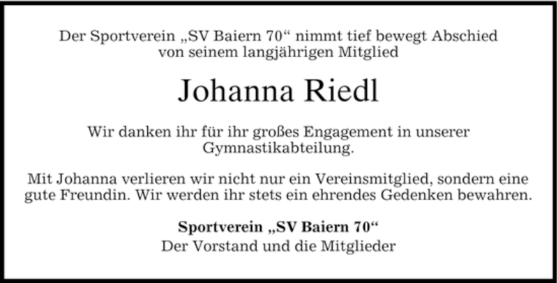  Traueranzeige für Johanna Riedl vom 09.02.2007 aus MERKUR & TZ