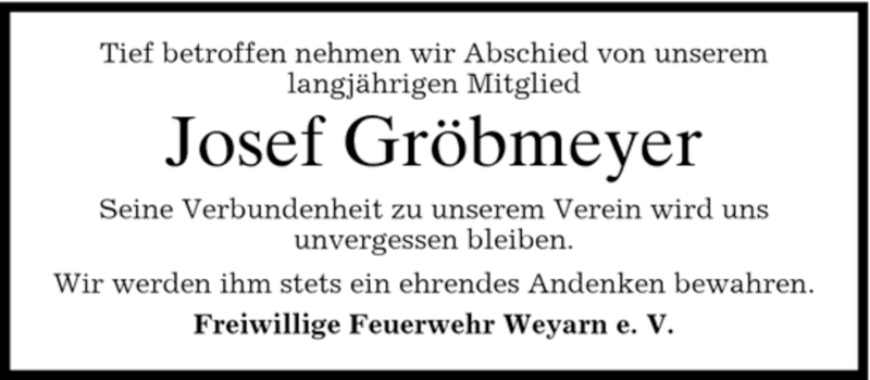  Traueranzeige für Josef Gröbmeyer vom 15.02.2007 aus MERKUR & TZ