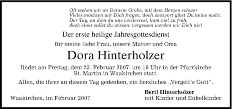  Traueranzeige für Dora Hinterholzer vom 21.02.2007 aus MERKUR & TZ