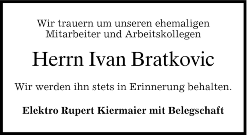  Traueranzeige für Ivan Bratkovic vom 23.02.2007 aus MERKUR & TZ