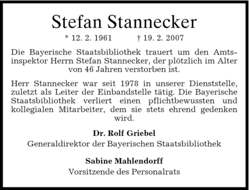  Traueranzeige für Stefan Stannecker vom 23.02.2007 aus MERKUR & TZ