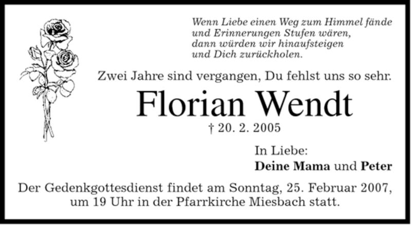  Traueranzeige für Florian Wendt vom 24.02.2007 aus MERKUR & TZ