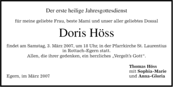Traueranzeige von Doris Höss von MERKUR & TZ