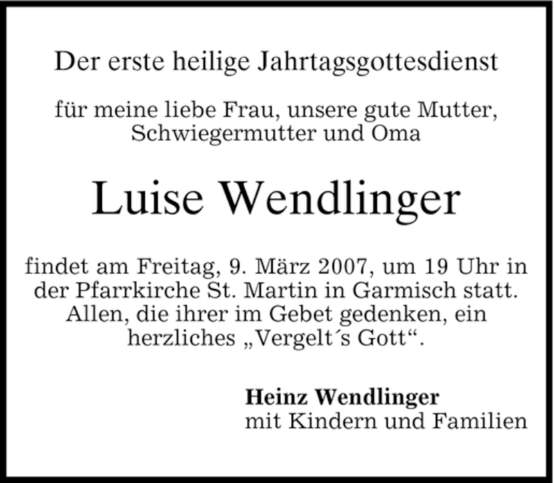  Traueranzeige für Luise Wendlinger vom 07.03.2007 aus MERKUR & TZ