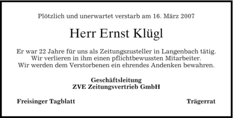  Traueranzeige für Ernst Klügl vom 20.03.2007 aus MERKUR & TZ