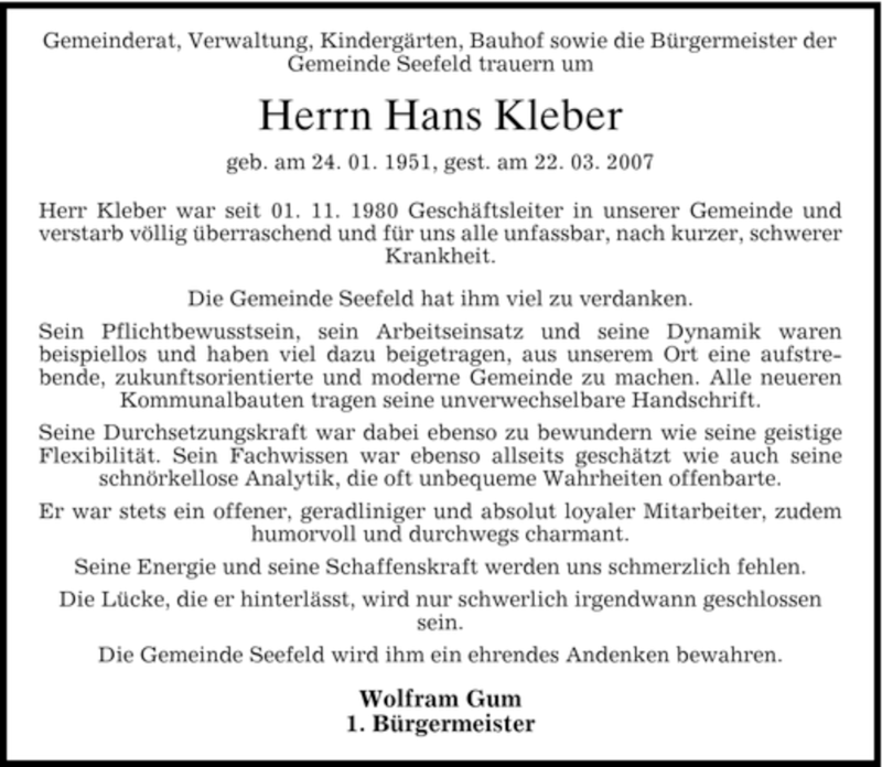  Traueranzeige für Hans Kleber vom 27.03.2007 aus MERKUR & TZ
