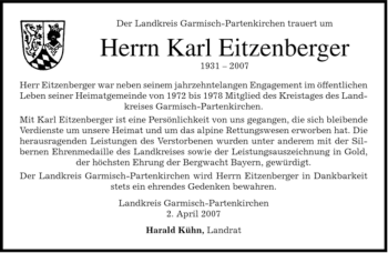Traueranzeige von Karl Eitzenberger von MERKUR & TZ